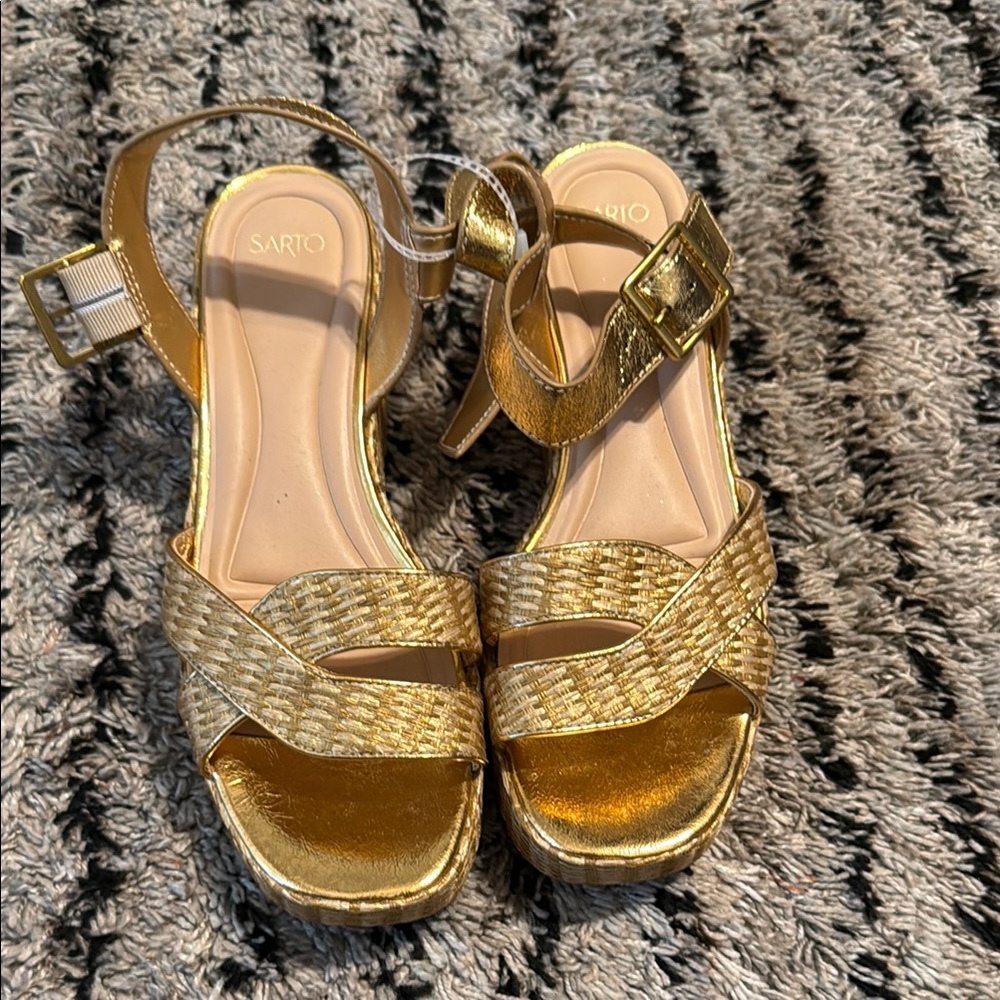 Franco Sarto Gold Metallic Sandals with Braided Straps